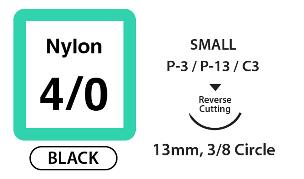 image of Nylon Surgical Sutures, Size 4/0, 10", 13mm Reverse Cut, 3/8 Circle, Black