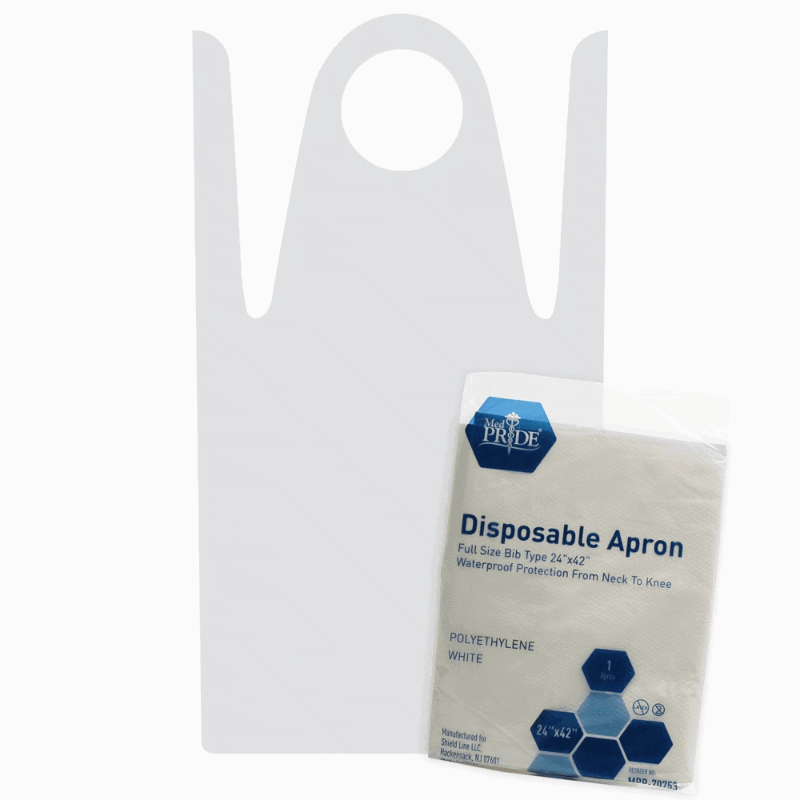 Lot of 25 Disposable Waterproof Neck-Knee Apron Full Size Bib 24x42 White Poly 